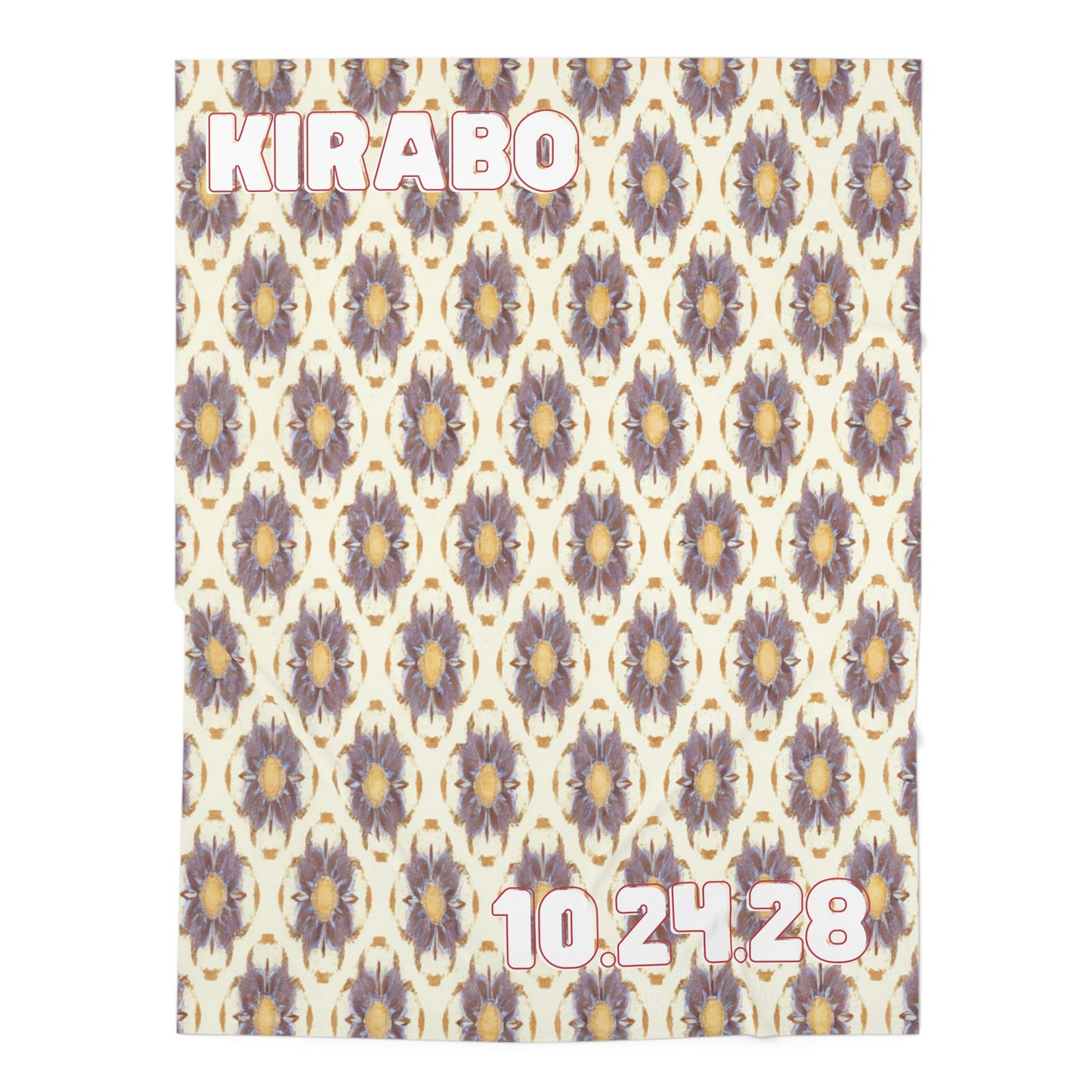 A cream personalized baby blanket with a repeating purple and gold floral pattern, inspired by African-inspired decor. KIRABO is in bold white and pink letters at the top left, with the date 10.24.28 in matching font at the bottom right.