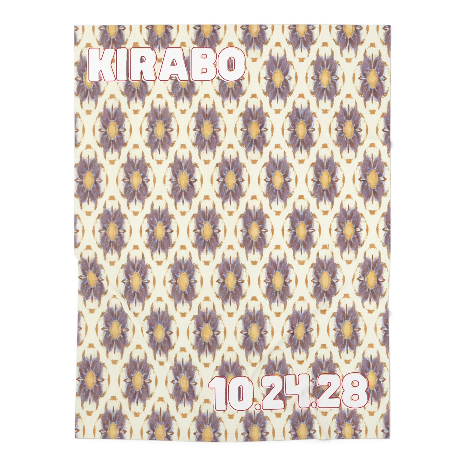 A cream personalized baby blanket with a repeating purple and gold floral pattern, inspired by African-inspired decor. KIRABO is in bold white and pink letters at the top left, with the date 10.24.28 in matching font at the bottom right.