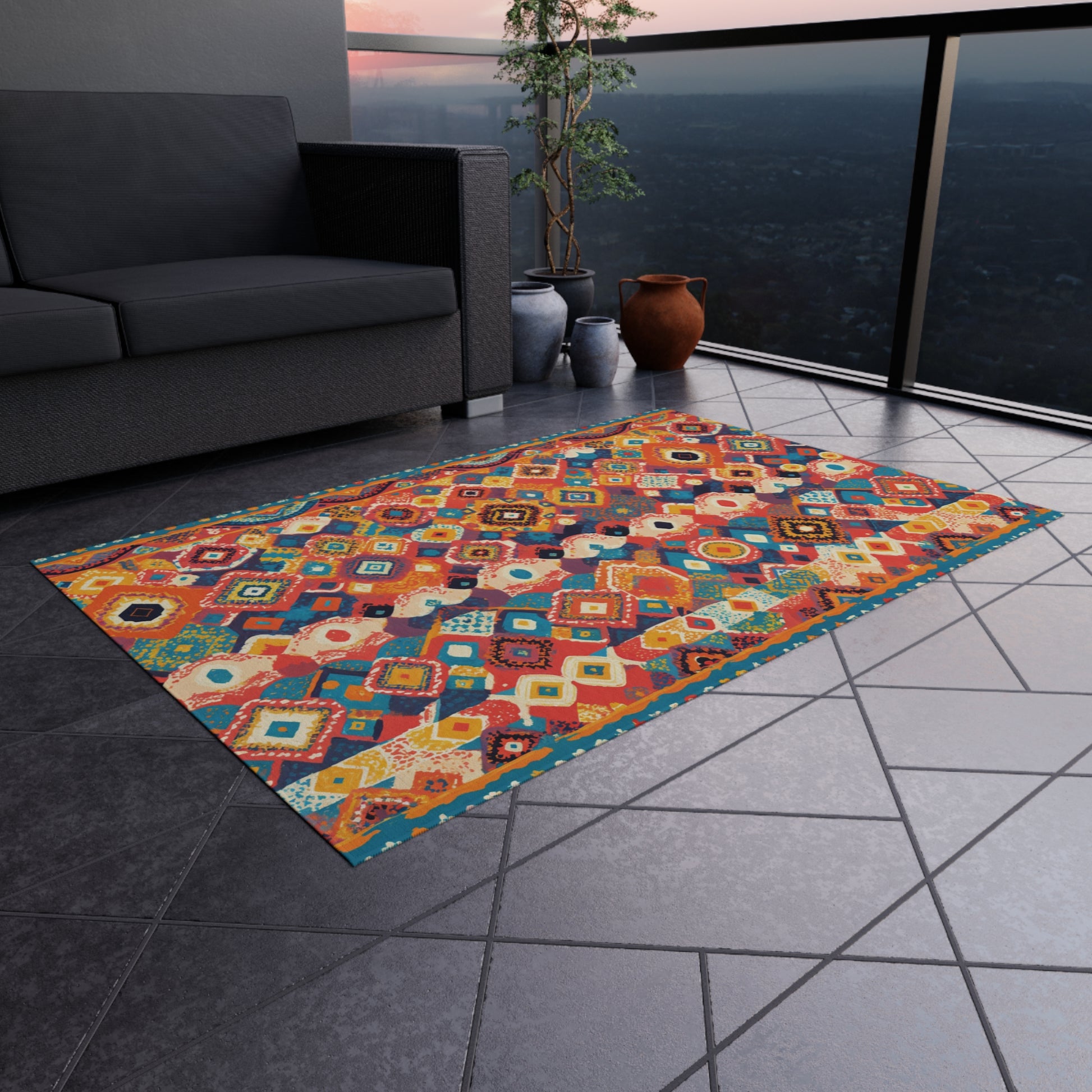 An African-inspired geometric rug with red, blue, yellow, and orange patterns lies on a tiled floor beside a dark gray sofa. Brown vases and a small plant sit near a glass railing overlooking the cityscape at sunset.