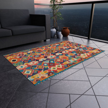 An African-inspired geometric rug with red, blue, yellow, and orange patterns lies on a tiled floor beside a dark gray sofa. Brown vases and a small plant sit near a glass railing overlooking the cityscape at sunset.
