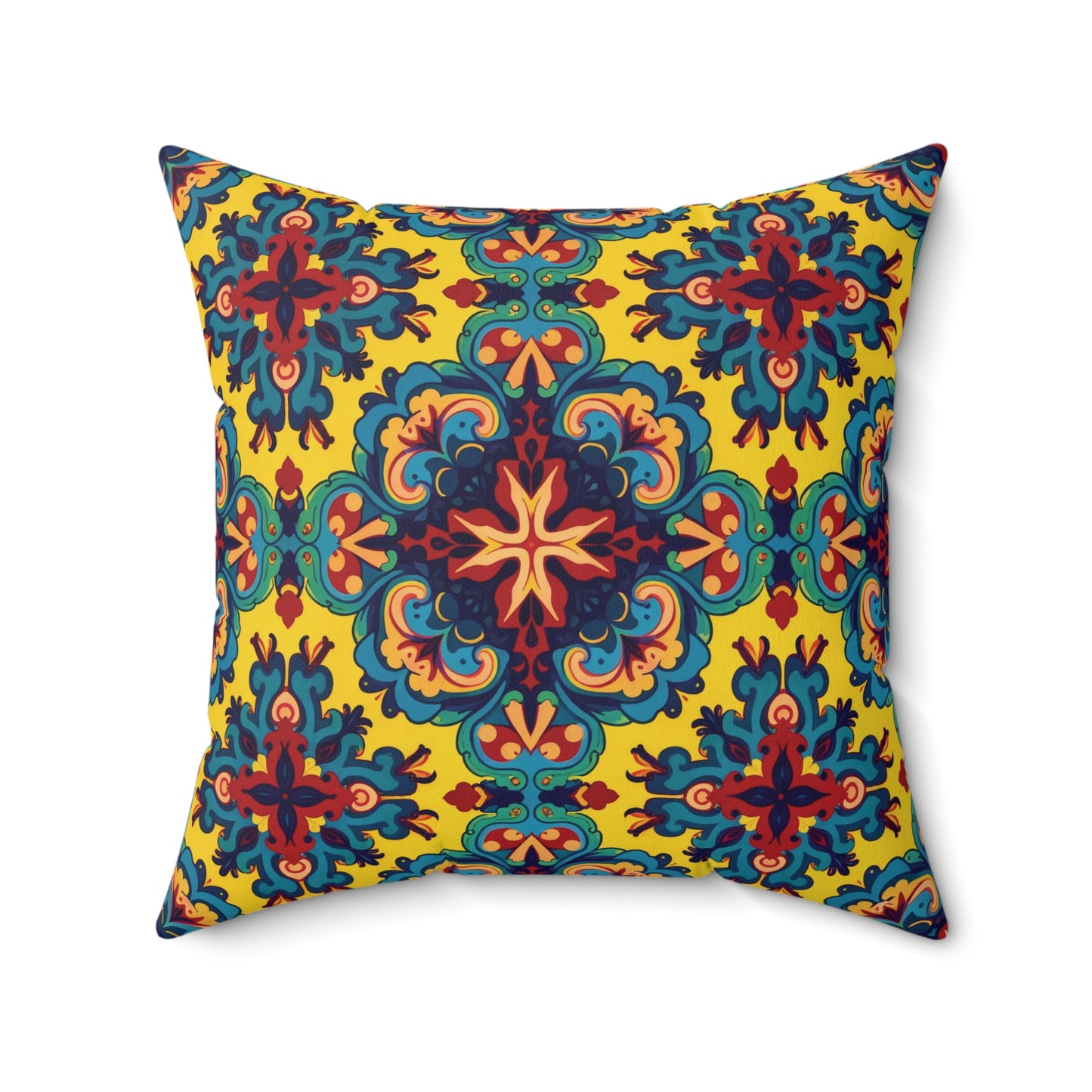Square faux suede pillow with a vibrant, ornate design. The multicolored pattern forms floral and star motifs on a bright yellow background, blending Mediterranean tile art with the bold style of an African accent pillow.
