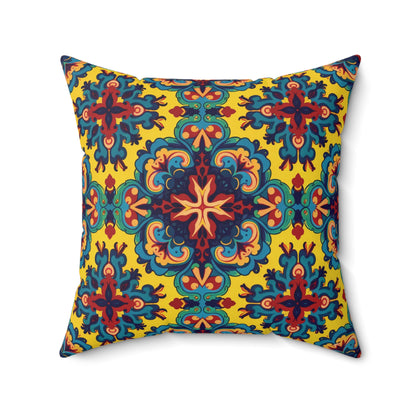 Square faux suede pillow with a vibrant, ornate design. The multicolored pattern forms floral and star motifs on a bright yellow background, blending Mediterranean tile art with the bold style of an African accent pillow.