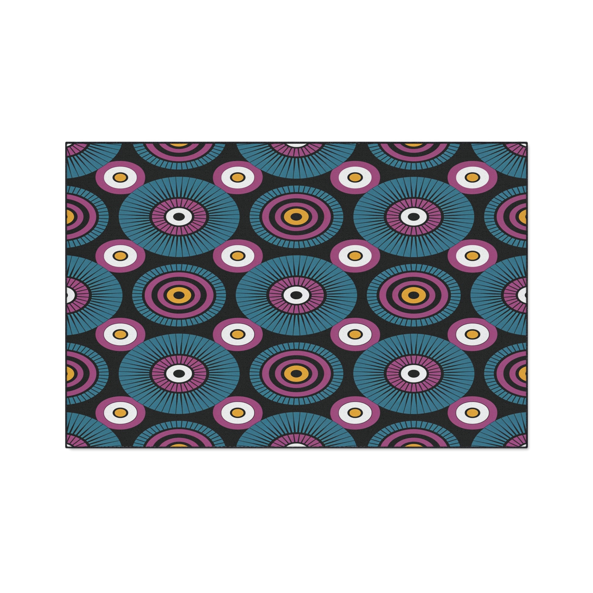 A seamless geometric pattern features concentric circles in teal, purple, pink, and orange on a dark background. The design’s retro, optical illusion style is perfect for custom floor mats with non-slip rubber backing.
