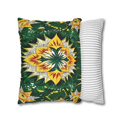 Two pillows are pictured: one features vibrant pillowcases with a floral mandala in green, yellow, and orange, while the other boasts a simple light gray and white horizontal stripe pattern. Both rest against a plain white background.