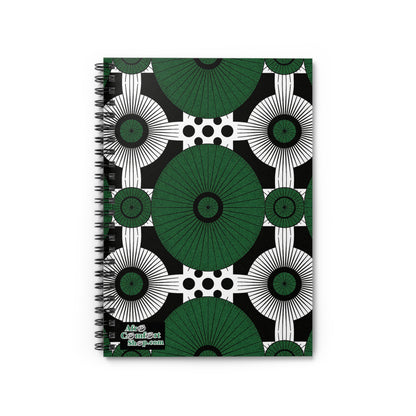 A premium writing journal, this spiral-bound notebook features a bold geometric pattern of green and white circular shapes, black dots, and radiating lines on black. “Afro Comfort shop.com” appears in the lower left corner in green and white.