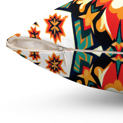Close-up of a zippered pillow corner featuring a vibrant African-inspired geometric floral pattern in orange, yellow, green, and black on a white background. The zipper is partially open, revealing the fabric texture and detailed stitching along the seam.