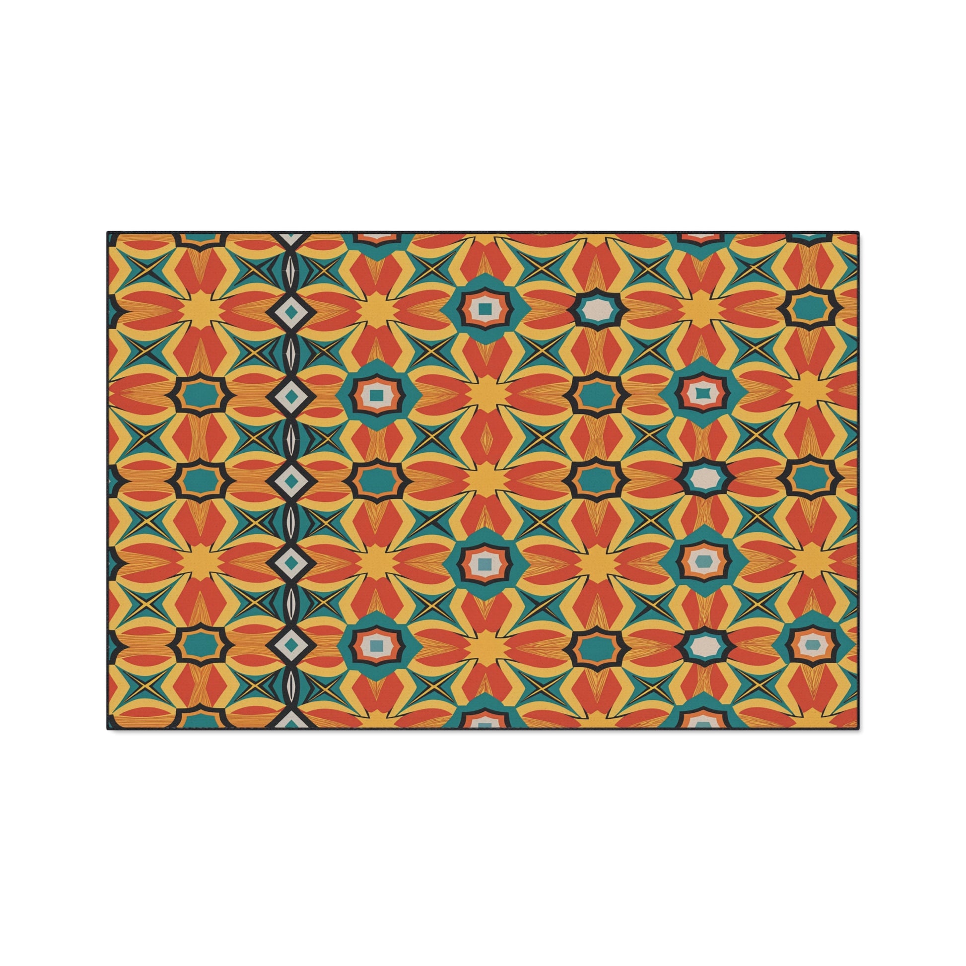 A rectangular rug with a vibrant geometric pattern draws on African-inspired aesthetics in orange, red, yellow, teal, and blue. Its repeating star and diamond shapes create a symmetrical, kaleidoscopic effect with a mosaic-like appearance.