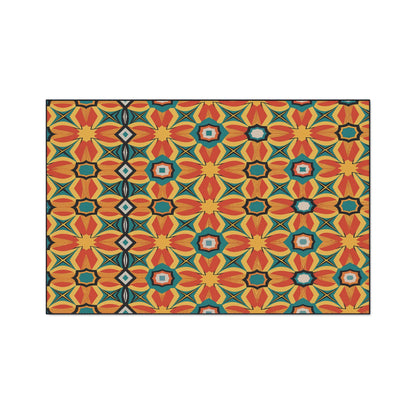 A rectangular rug with a vibrant geometric pattern draws on African-inspired aesthetics in orange, red, yellow, teal, and blue. Its repeating star and diamond shapes create a symmetrical, kaleidoscopic effect with a mosaic-like appearance.