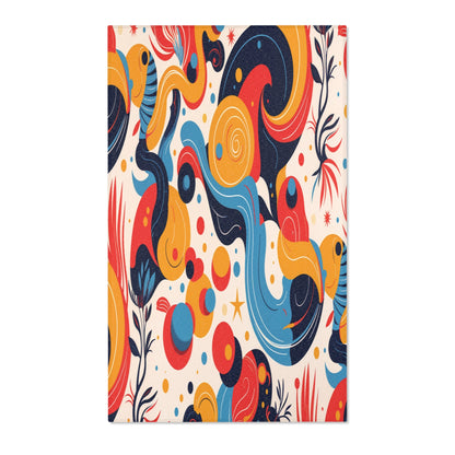 Abstract artwork with swirling shapes in blue, red, yellow, and orange on a cream background. Inspired by African design rugs, the flowing curves and star-like accents create a dynamic and playful pattern perfect for stylish home decor.