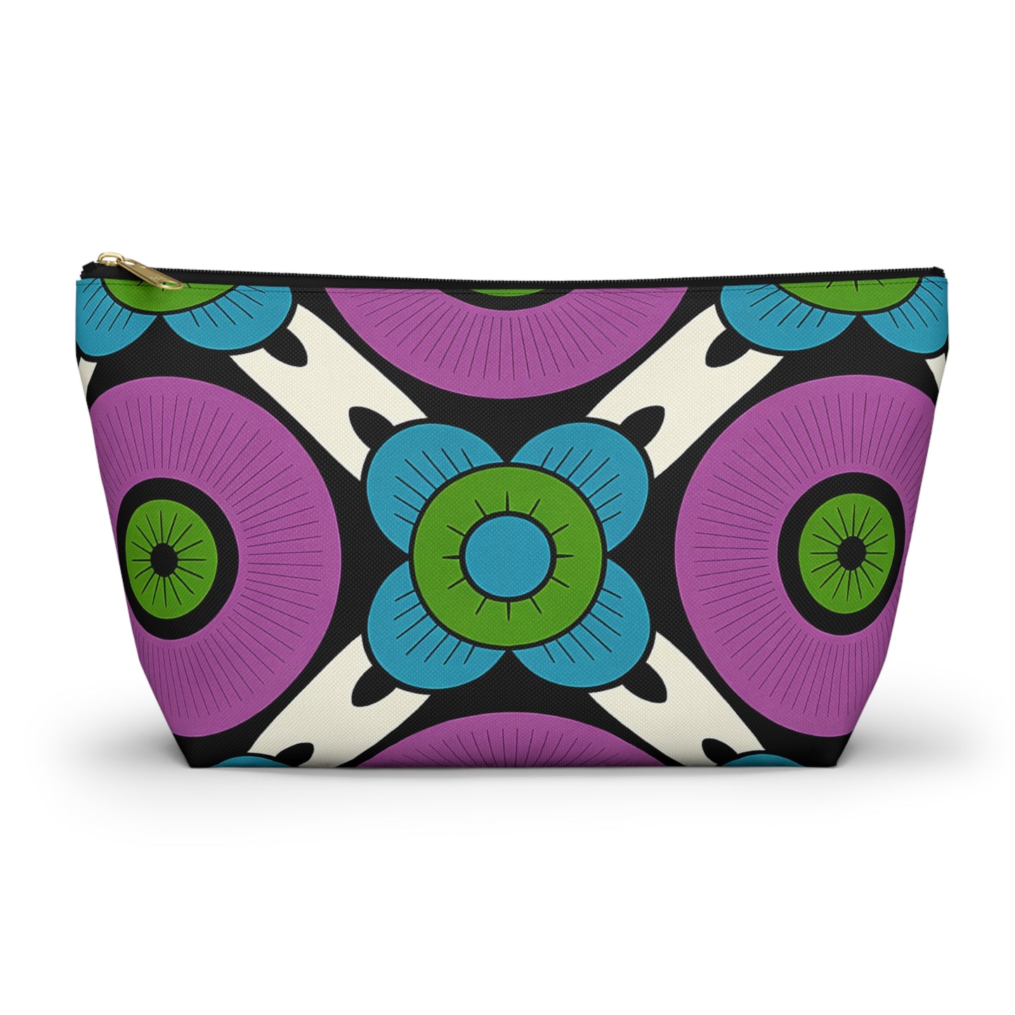 A zippered T-bottom pouch featuring a bold, geometric floral design. Large circular flowers in purple and blue with green centers, outlined in black on a cream background, give this cosmetic travel bag an African-inspired pattern flair.