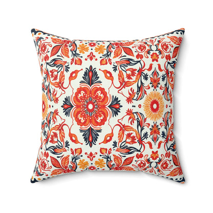 Square throw pillow with an intricate floral pattern in red, orange, yellow, and navy blue on white. This faux suede pillow features a large central flower surrounded by symmetrical vines and blooms, creating a vibrant, decorative look.