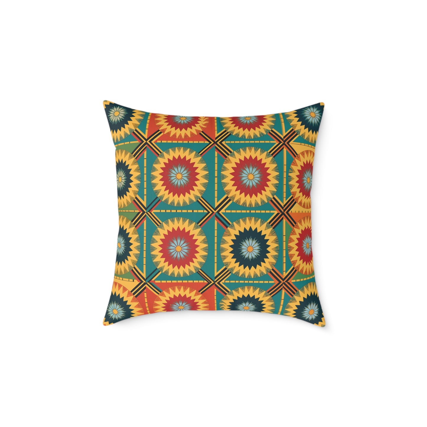 A square, African-inspired pillow featuring a repeating geometric starburst pattern in red, yellow, teal, and black. The concentric stars create a vibrant, Southwestern or folk-art style, making it a colorful accent pillow for any vibrant home decor.