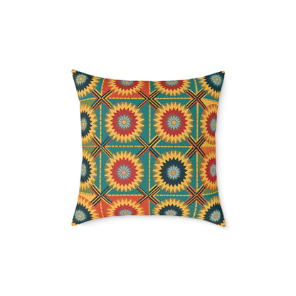 A square, African-inspired pillow featuring a repeating geometric starburst pattern in red, yellow, teal, and black. The concentric stars create a vibrant, Southwestern or folk-art style, making it a colorful accent pillow for any vibrant home decor.