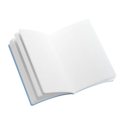 An open, blank, lined creative journal with a blue cover is shown on a white background. Several pages are visible, fanned out to the left, and the notebook appears new and unused—perfect for daily journaling.