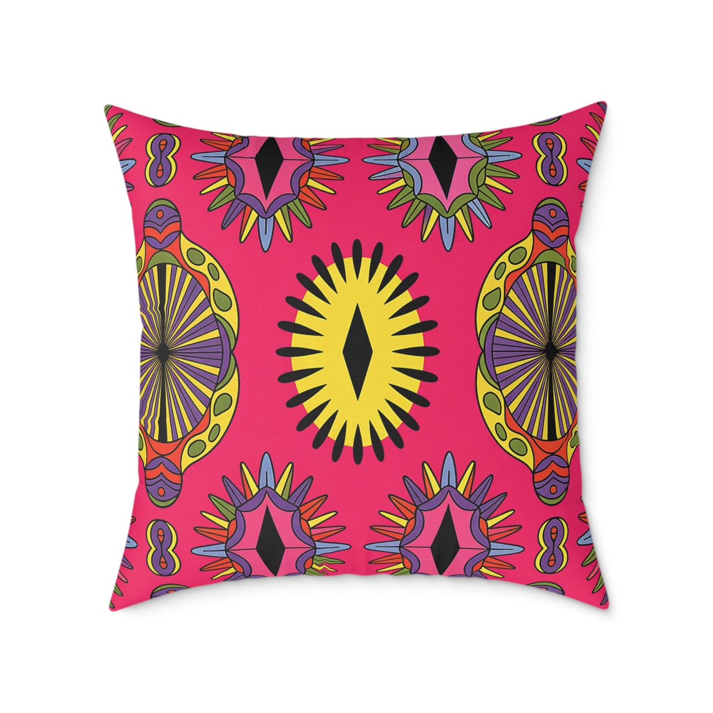 Square pillow with a bright pink background featuring African-inspired, abstract sunburst and turtle-like patterns in yellow, black, purple, green, and red—a colorful accent pillow perfect for vibrant home decor.