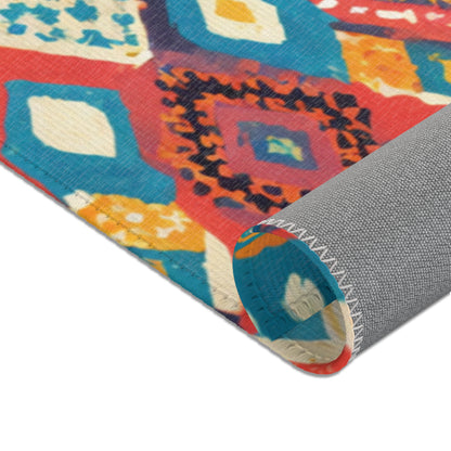 A close-up of a rolled-up rug with colorful, geometric patterns in red, blue, orange, and cream. Perfect for stylish home decor, this durable polyester rug features visible white stitching and a solid gray backing with diamond and floral shapes.