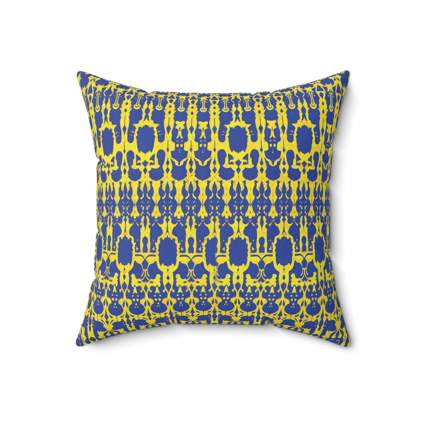 Square pillow with a bold, symmetrical pattern in bright yellow and royal blue. This faux suede pillow features abstract shapes and vertical lines, creating a dynamic geometric motif—a striking African accent pillow on a plain white background.