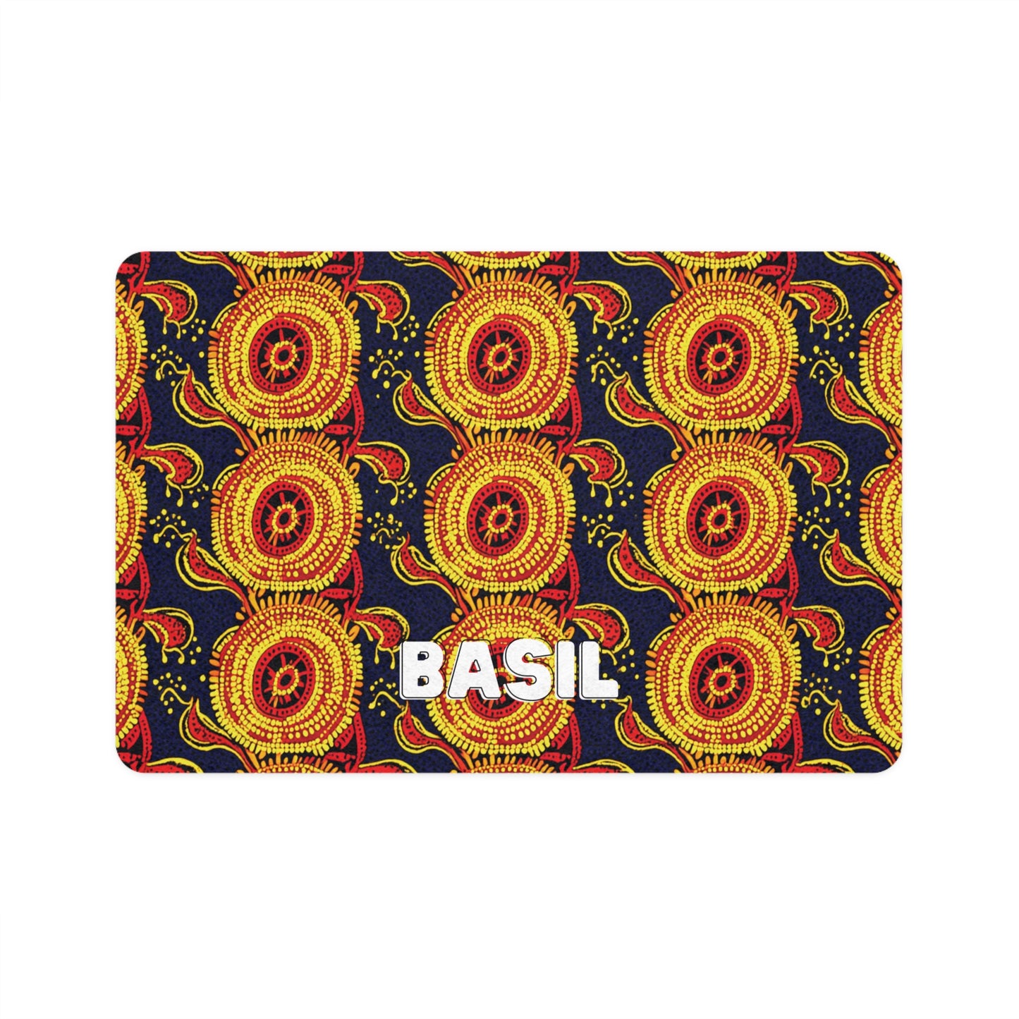A rectangular card with a vibrant, African-inspired pattern of yellow and red circular shapes on a dark background. The circles feature intricate dotted and radiating line details. “BASIL” appears in bold, white, uppercase letters at the bottom center.