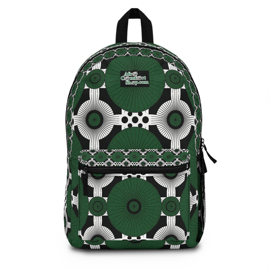 A bold African-inspired backpack with green, black, and white geometric patterns. Large circles, intersecting lines, and polka dots stand out. The front pocket reads “Afro Student Diaspora.” Features black zippers and straps for a unique travel backpack.