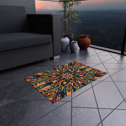 A colorful African-inspired outdoor rug made of weather-resistant polyester chenille lies on a tiled balcony floor at sunset. Nearby are a black cushioned sofa, a green potted tree, and three clay pots, with a cityscape visible under the darkening sky.