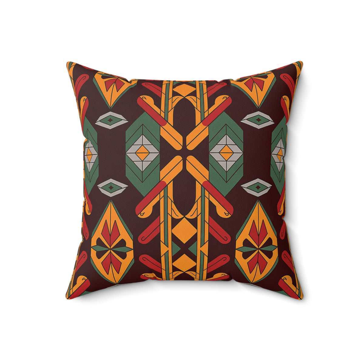 A square African accent pillow with a bold geometric pattern in red, gold, green, and orange on a dark brown background. The design’s symmetrical diamond, leaf, and linear shapes create a vivid, tribal-inspired look on this faux suede pillow. Photographed on white.