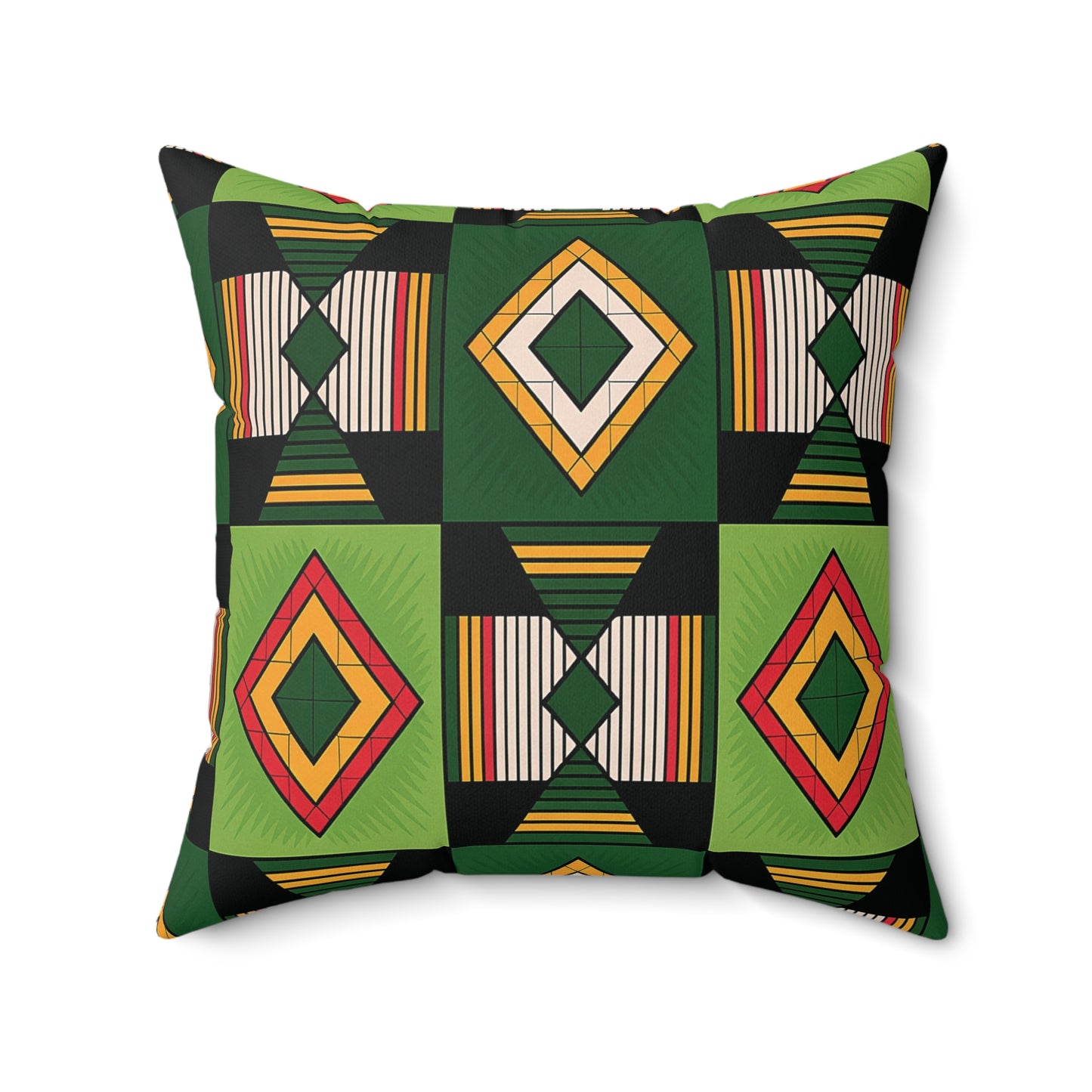 A square African accent pillow with a geometric pattern of diamond shapes in green, yellow, red, and orange. This faux suede pillow features striped sections and alternating color blocks, creating a bold, symmetrical look on a black background.
