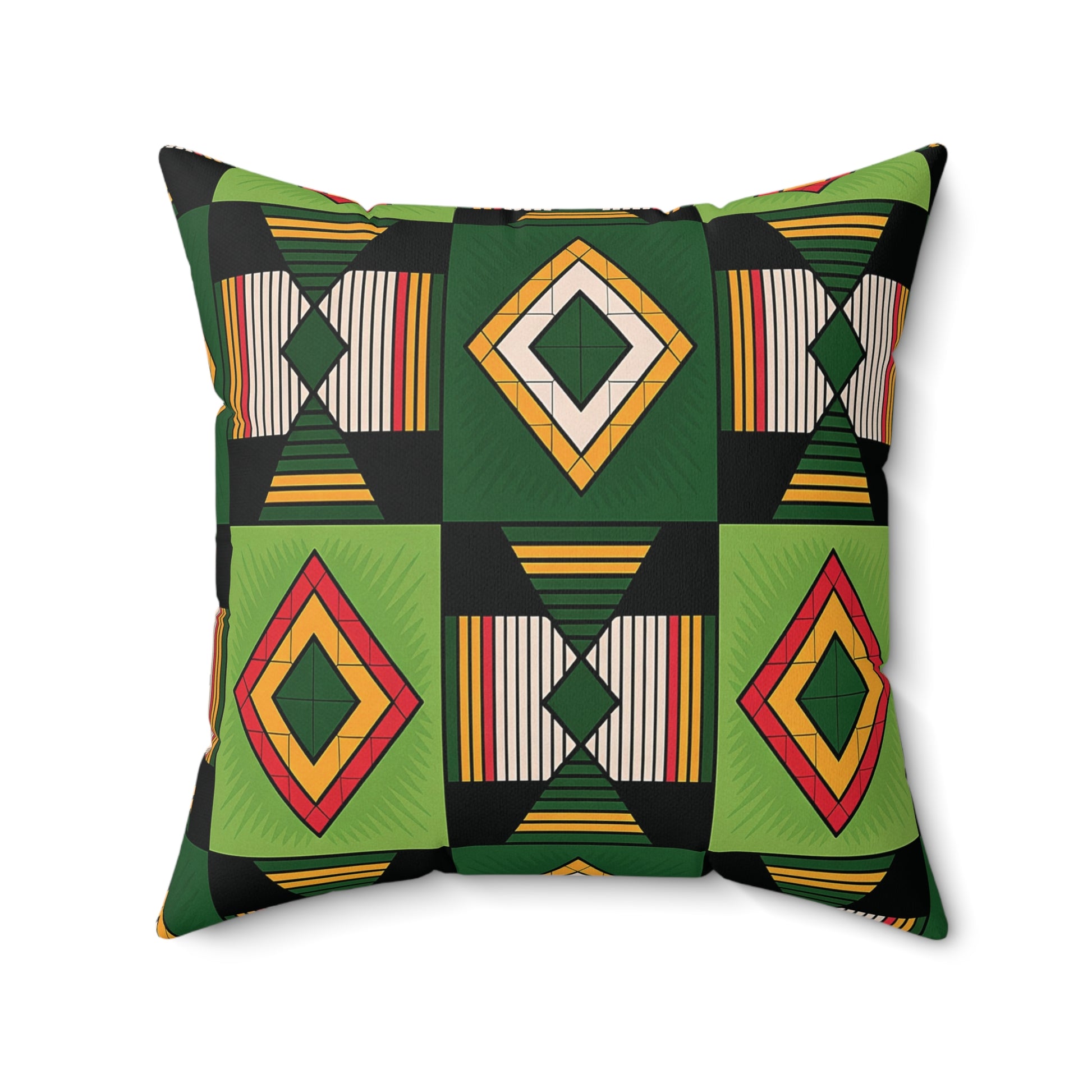 A square African accent pillow with a geometric pattern of diamond shapes in green, yellow, red, and orange. This faux suede pillow features striped sections and alternating color blocks, creating a bold, symmetrical look on a black background.