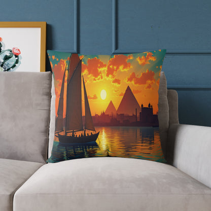 A sofa with a vibrant home decor touch—a colorful accent pillow featuring a vivid sailboat print at sunset, with orange clouds, the Pyramids of Giza, and Egyptian-style buildings. A blue wall and part of framed art complete the scene.