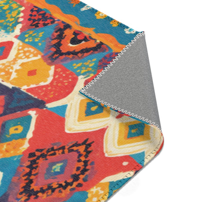 A colorful woven textile with a geometric diamond pattern in red, orange, yellow, blue, and teal. One corner is folded over to reveal a plain gray underside with white zigzag stitching—an ideal choice for stylish home decor. The background is white.