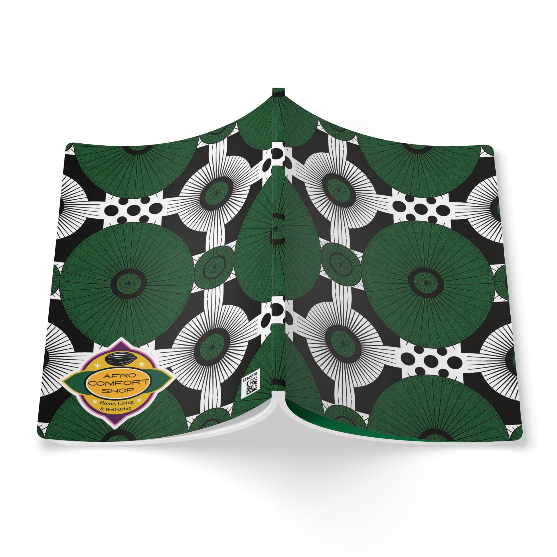 A pair of green and black men's briefs features a bold geometric pattern inspired by African-inspired journal designs. The yellow Afro Comfort sticker accents the left side, and the solid green waistband stands out against the plain white background.