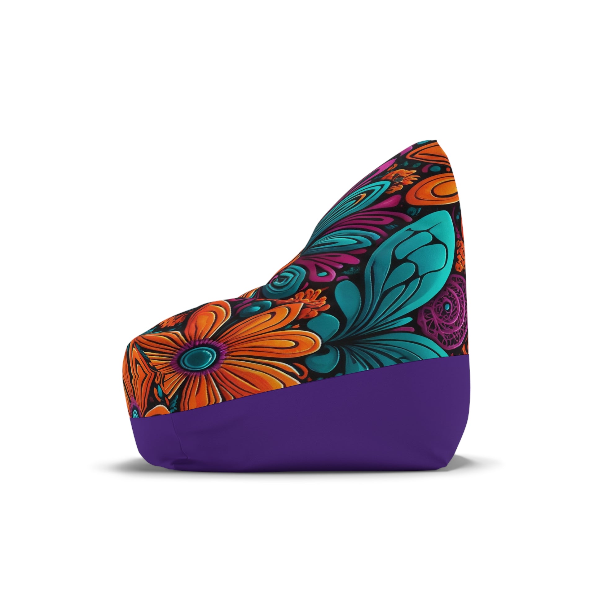 A bean bag chair with a vibrant, versatile design; the top half features large, colorful flowers and leaves in orange, teal, and purple, while the bottom half is solid purple. Bean bag covers offer both style and ultimate comfort. Shown from the side on white background.