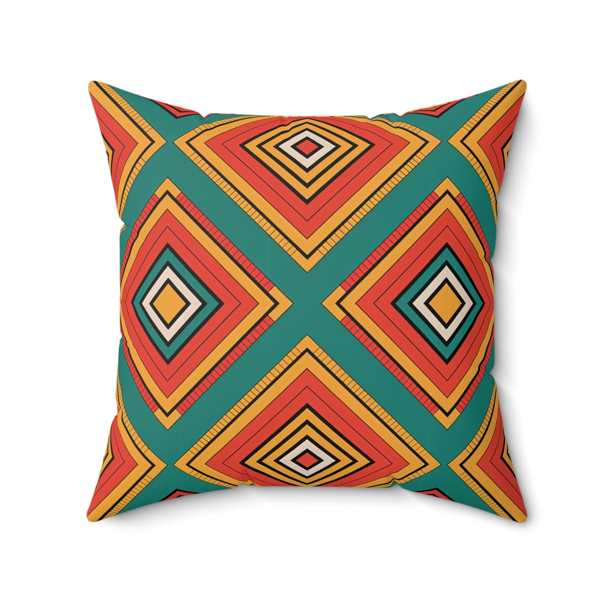 Square throw pillow with a bold geometric pattern, featuring large diamonds in red, orange, yellow, black, and teal. This African-inspired pillow brings vibrant patterns and layered symmetry to your home decor for a lively accent.