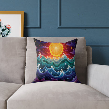 A colorful accent pillow with a vibrant sun, swirling clouds, and stylized blue ocean waves sits on a light beige couch against a blue wall. A framed print featuring a cactus and flowers adds more vibrant home decor on the left.