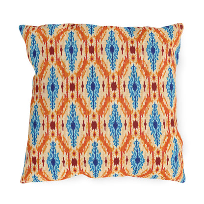 Square decorative outdoor pillow with a colorful geometric and floral pattern in orange, blue, yellow, and red on a light beige background. UV-resistant and water-resistant design features zigzag lines and vertical floral motifs.