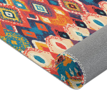 A rolled, colorful rug with a vibrant geometric pattern in red, blue, yellow, orange, and white. Crafted from durable polyester, this stylish home decor piece features a non-slip gray underside and bold shapes inspired by African design rugs.