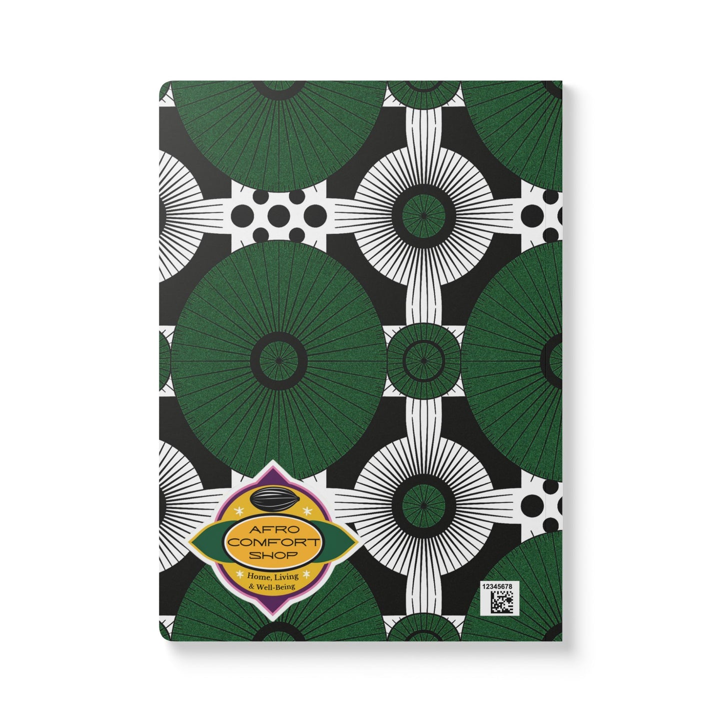 A striking African-inspired journal featuring bold geometric patterns—concentric green and black circles, radiating white lines, and black grid shapes. “Afro Comfort Shop—Home, Linens & Well Being” label and a QR code complete this creative journaling essential.