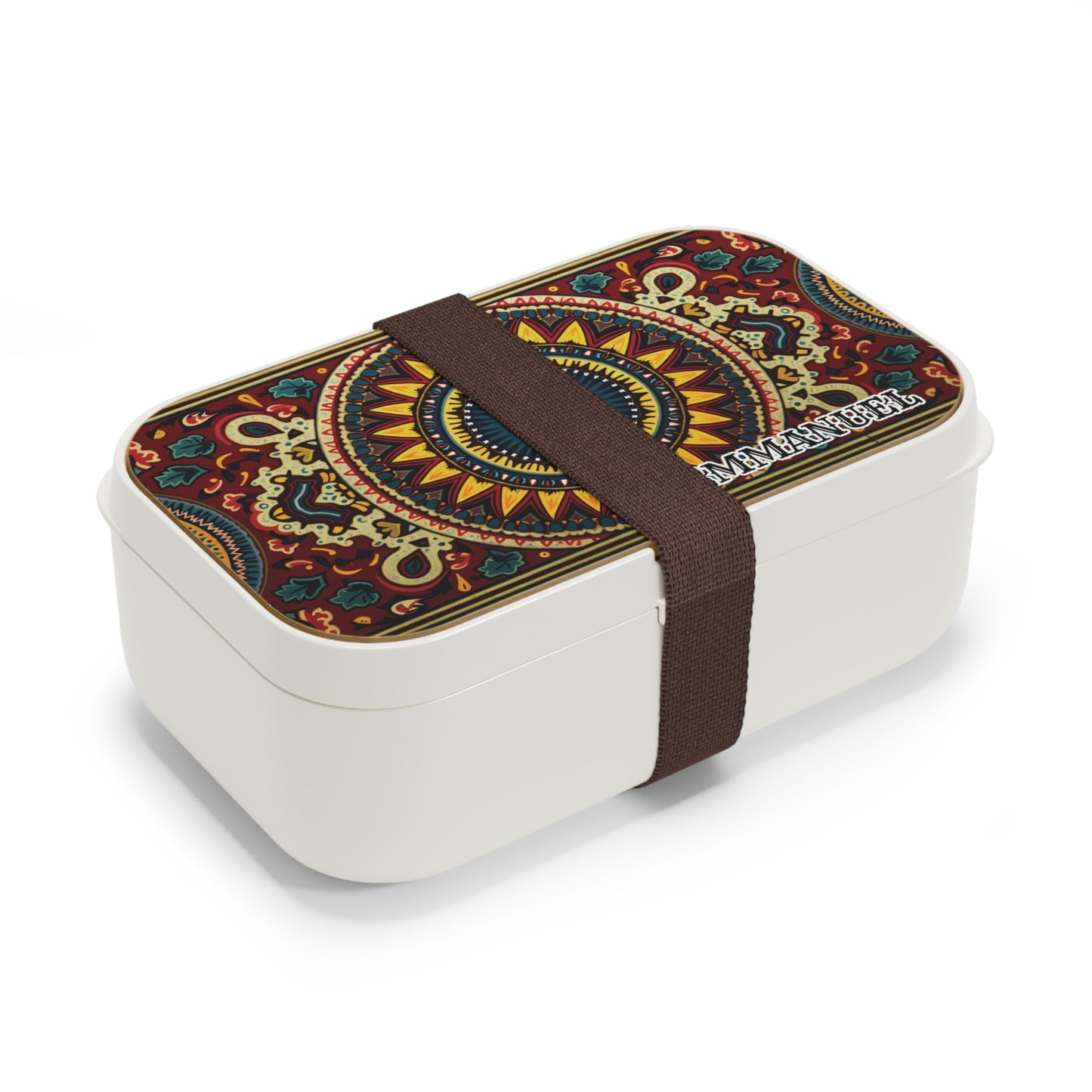 A white rectangular personalized bento lunch box with a brown elastic strap secures the lid, which features a colorful, intricate mandala pattern reminiscent of an African-inspired lunch box and MY NATURE printed in white on the lower right corner.
