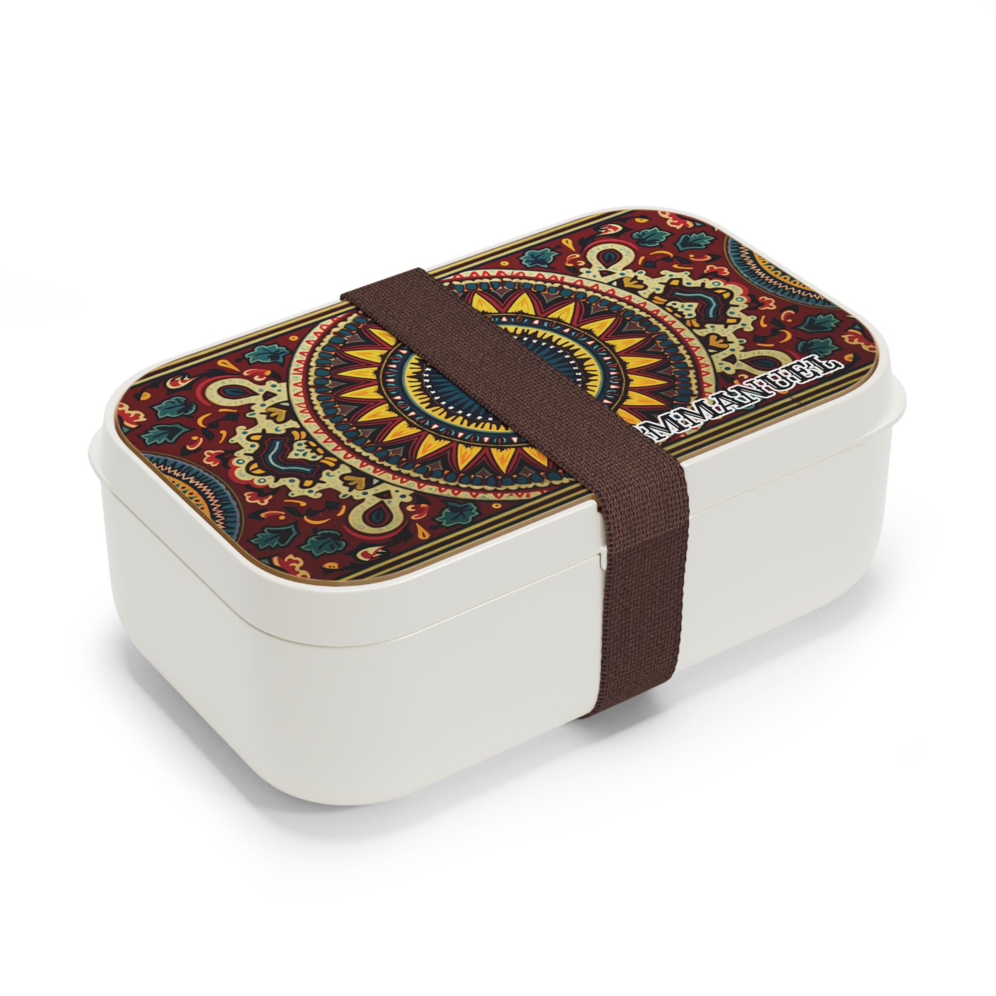 A white rectangular personalized bento lunch box with a brown elastic strap secures the lid, which features a colorful, intricate mandala pattern reminiscent of an African-inspired lunch box and MY NATURE printed in white on the lower right corner.