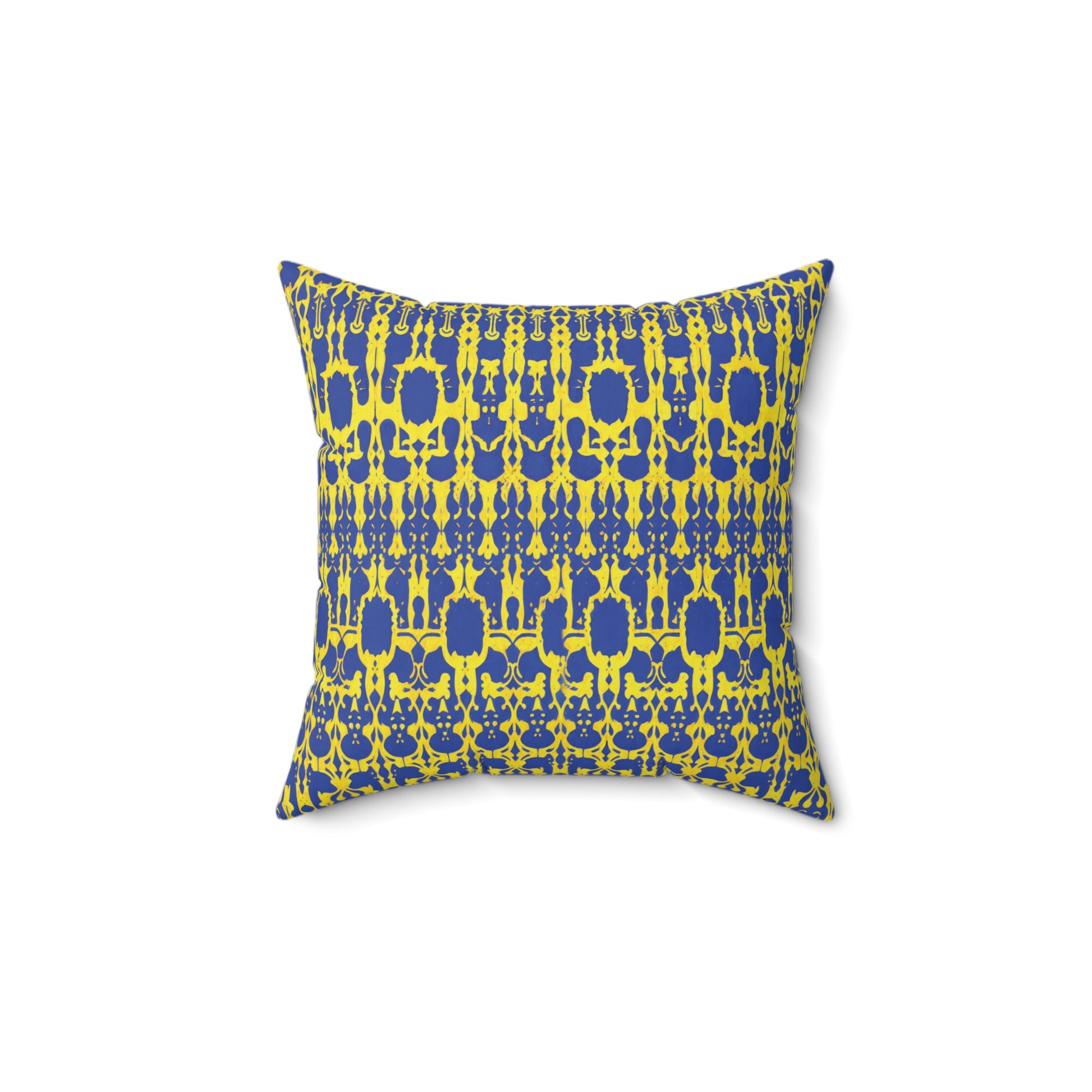 A square African accent pillow with a repeating geometric pattern in yellow and blue. Interconnected shapes and symmetrical details create a bold, modern look. The pillow is set against a plain white background.