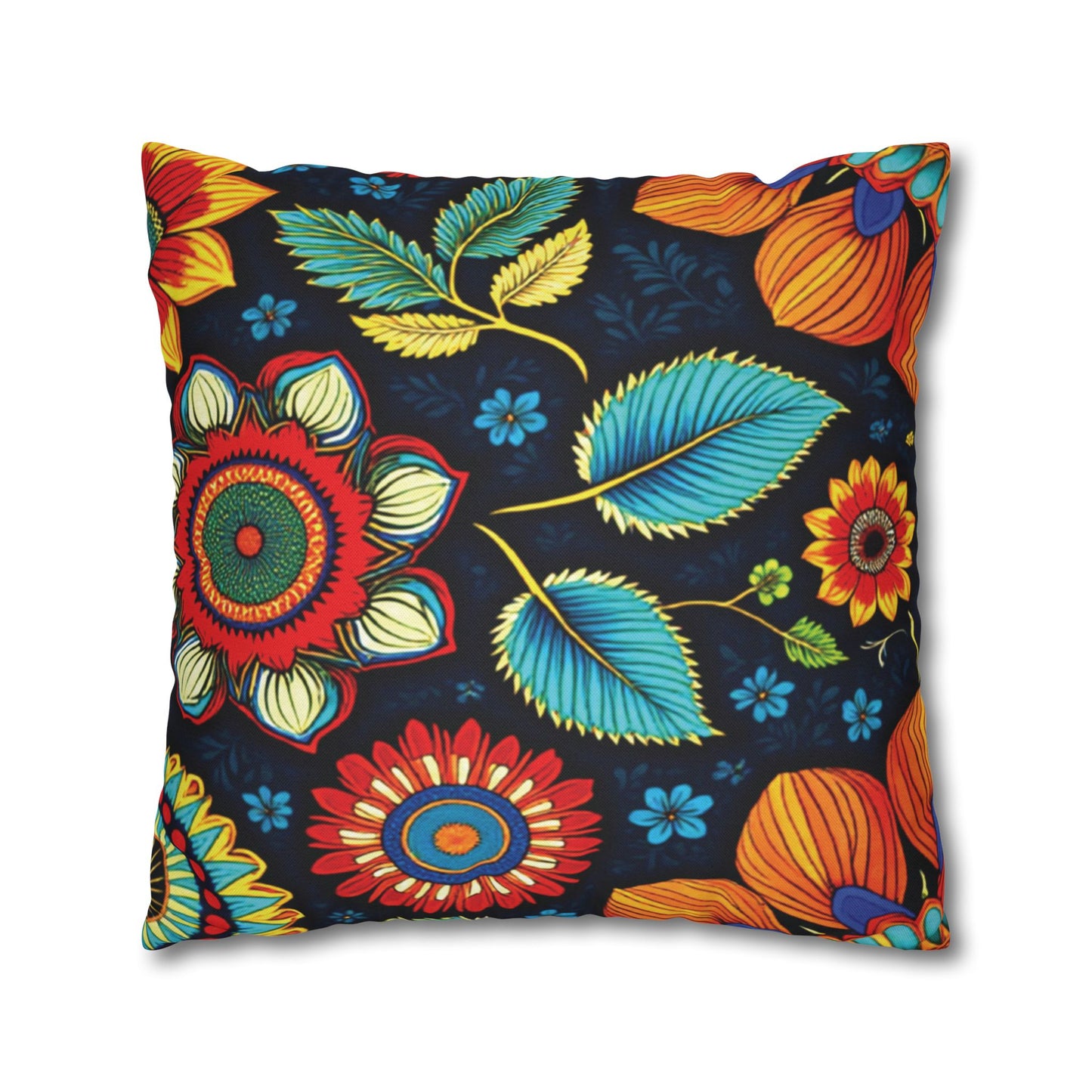 Square pillow with a bold, colorful floral pattern on a black background. Reminiscent of African patterns, the large red, yellow, orange, and blue flowers with vibrant leaves create an eye-catching design perfect for vibrant pillowcases.