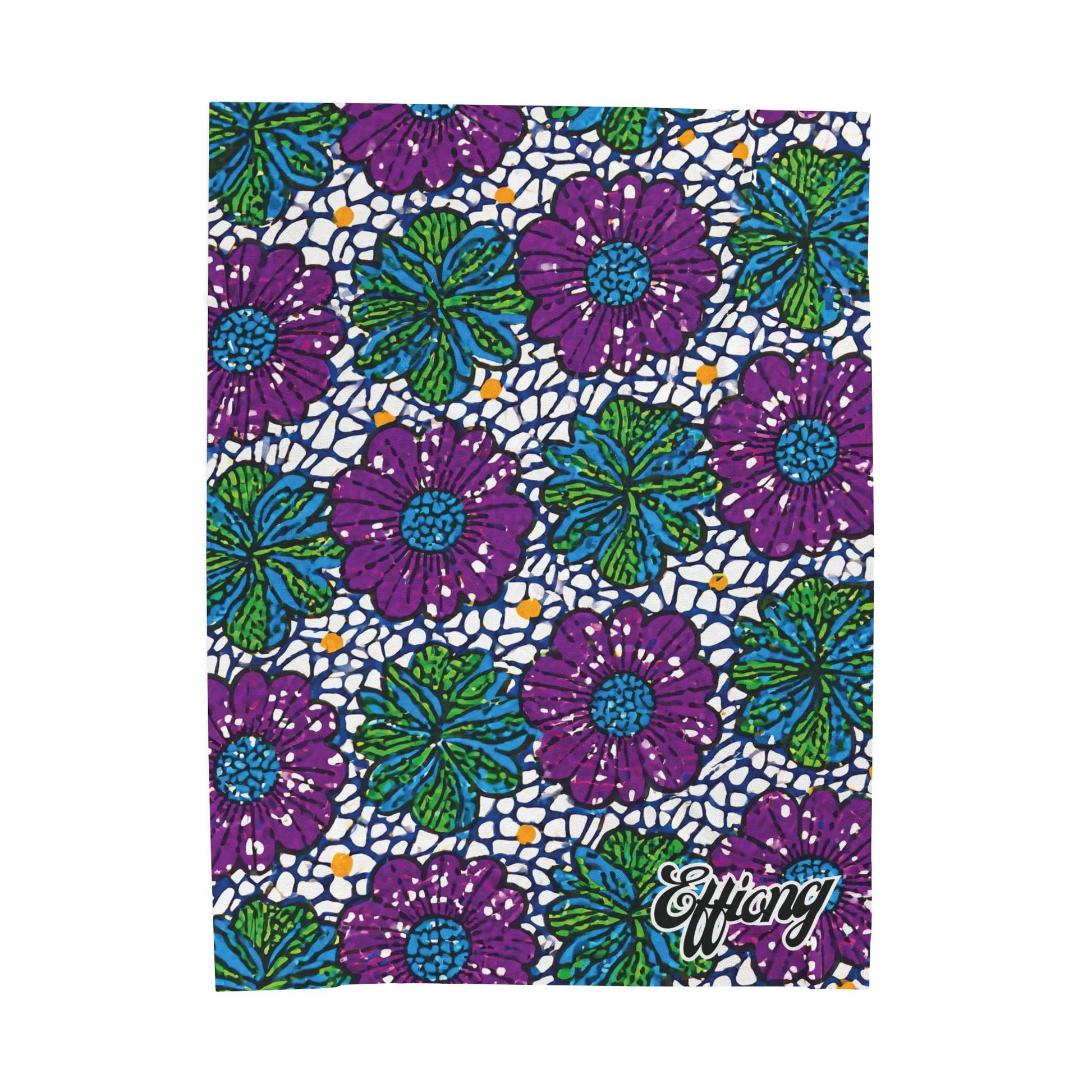 A patterned African-inspired blanket features large purple flowers with blue centers and green leaves on a white background dotted with blue, yellow, and black. Effang appears in white script at the bottom right—perfect as a custom keepsake gift.