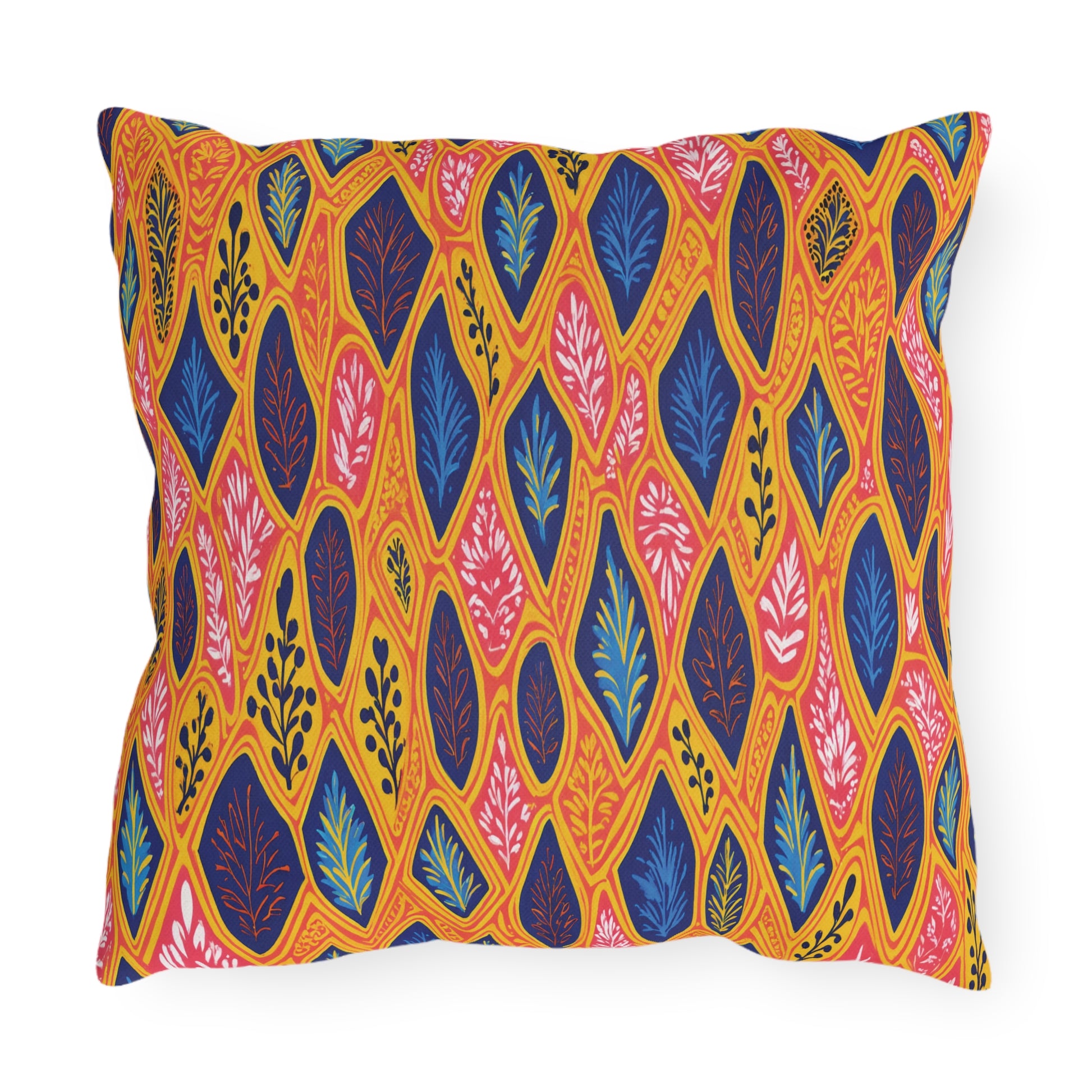 A square pillow with a vibrant, African-inspired pattern of leaf shapes in blue, pink, and yellow on an orange background. Each leaf has unique vein designs, creating a lively and colorful, nature-inspired look. The edges are slightly curved.