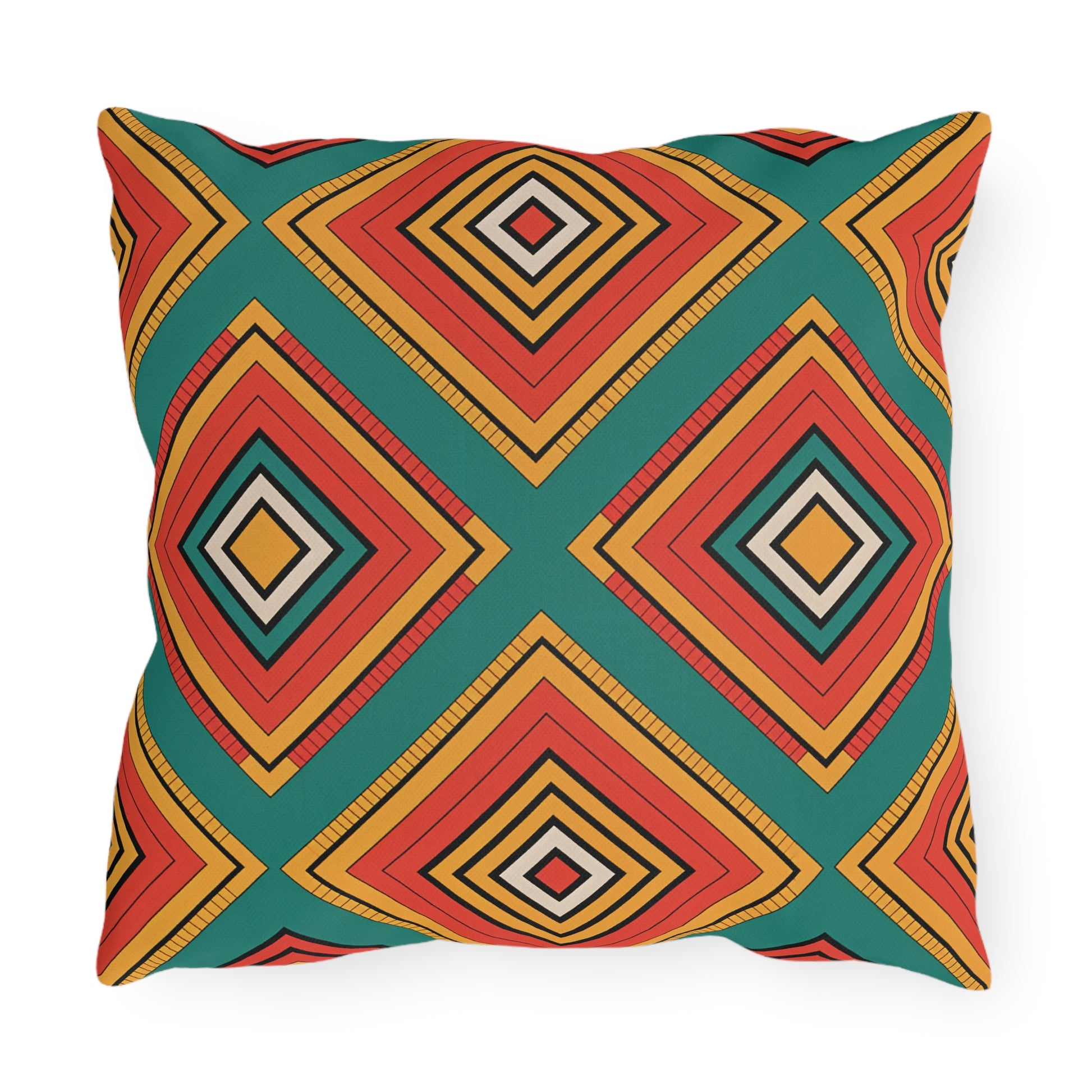 Square outdoor pillow with a bold geometric pattern of overlapping diamonds in vibrant colors on a teal background. Made from weatherproof materials, this modern design is both eye-catching and durable—perfect for any space.