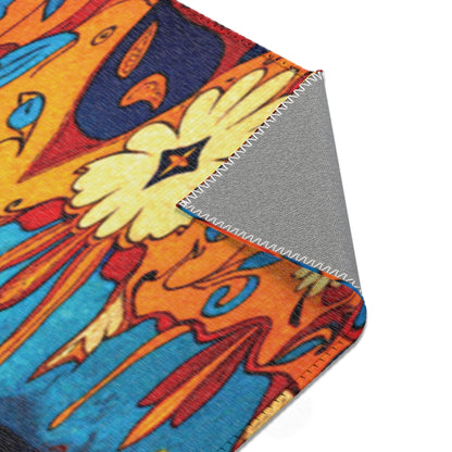 A close-up of a stylish colorful rug with bold red, blue, yellow, and orange swirls and shapes. A corner is flipped to reveal the plain gray underside. White zigzag stitching lines the edge, highlighting its vibrant African design rug inspiration.