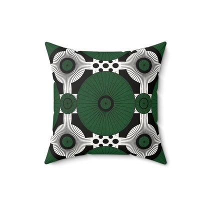 Add a unique touch to your space with this decorative square pillow in faux suede, featuring bold green circles, white fan shapes, and concentric black lines for a modern African accent pillow with striking contrast.