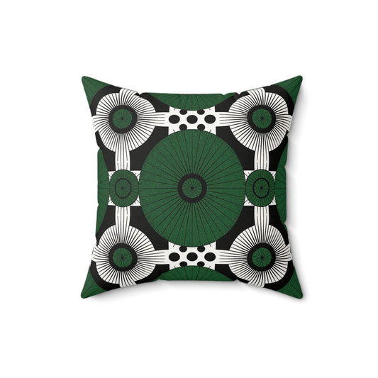 Add a unique touch to your space with this decorative square pillow in faux suede, featuring bold green circles, white fan shapes, and concentric black lines for a modern African accent pillow with striking contrast.