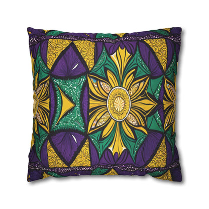 A rectangular pillow with vibrant African-inspired patterns in yellow, green, and purple. The design features a large yellow flower at the center, surrounded by swirling details and bordered by repeating motifs for unique African pillowcases.