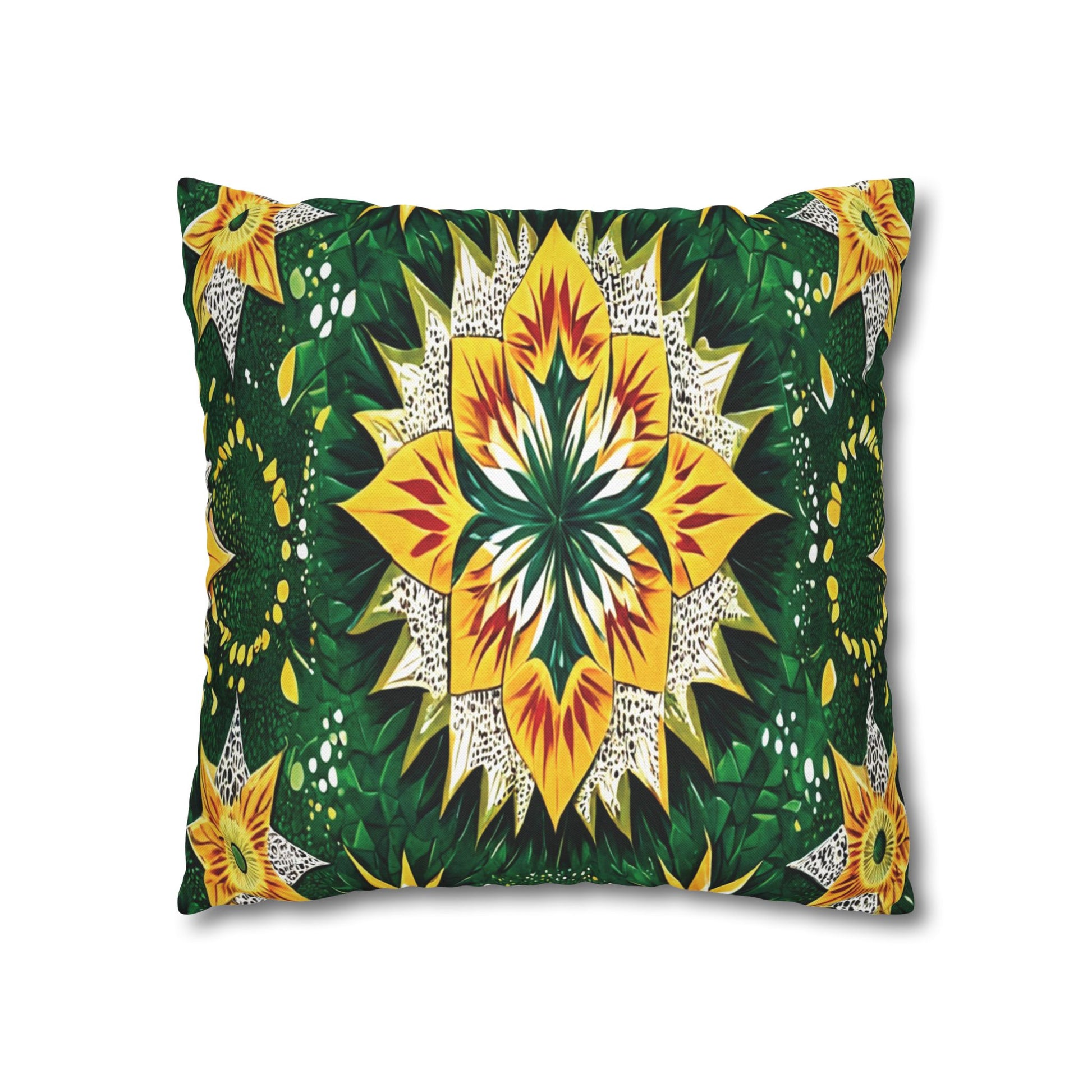 Rectangular pillow with a vivid, symmetrical kaleidoscope design featuring yellow, green, white, and orange patterns. Inspired by African motifs pillowcases, its central flower radiates among intricate leafy shapes and sunflower-like accents.