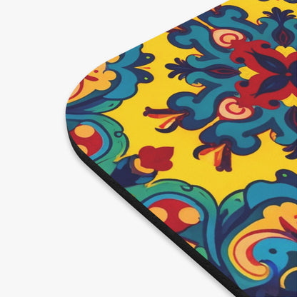 Close-up of an African-inspired mouse pad corner featuring a vibrant, ornate floral pattern in blue, red, green, and orange on bright yellow. The bold design includes black outlines and a non-slip rubber base for steady use as a vibrant desk accessory.