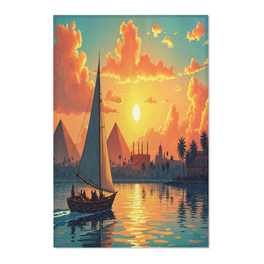 A sailboat with people glides on a calm river at sunset. The sun glows behind pyramids and an ornate skyline with domes and minarets. Palm trees line the shore; orange clouds reflect on the water—perfect inspiration for African design rugs.